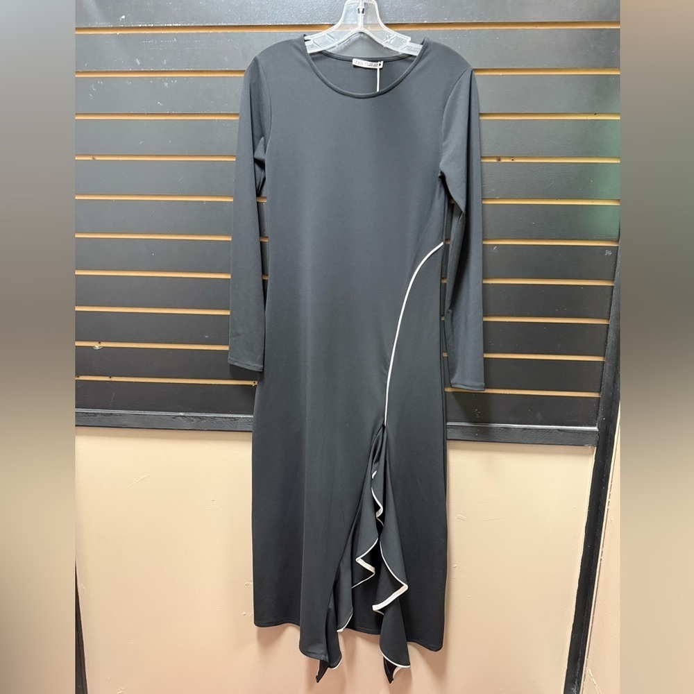 ZARA Black Midi Dress Ruffle Slit Asymmetrical Medium